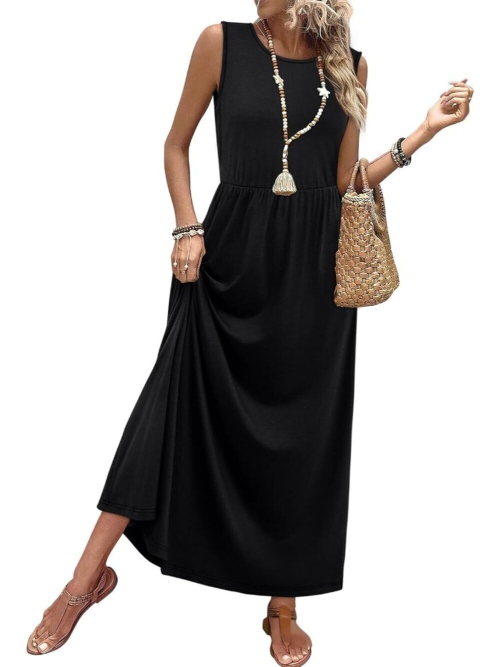 Women Black Pull On A Line Sleeveless Sundresses with Pockets Maxi Dresses